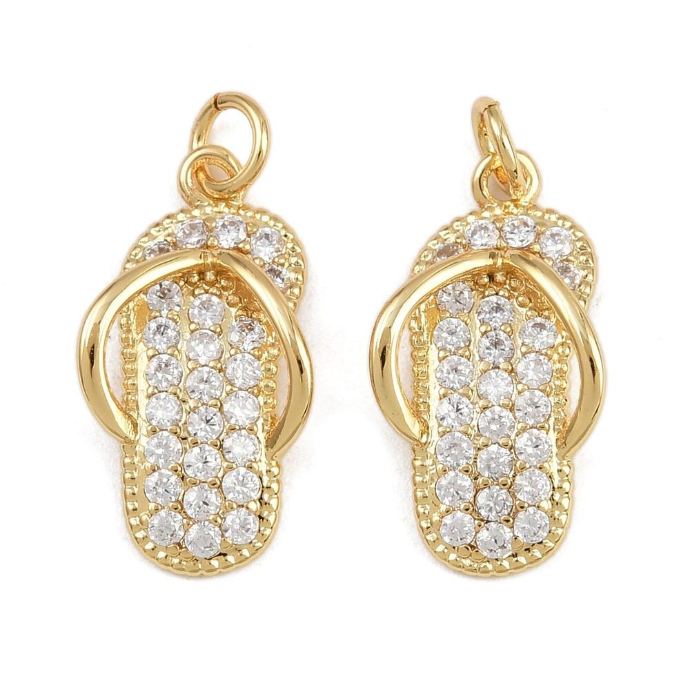 4226 10 pcs Flip Flops Theme Brass Cubic Zirconia Charms Slipper Beach Real